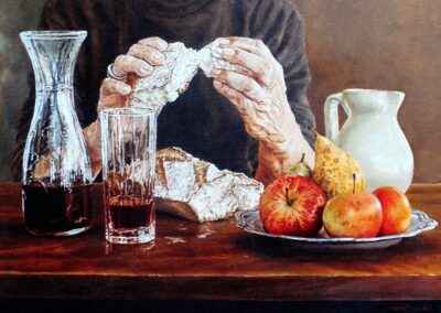 Tableau qui met en évidence le symbologie ancestrale du partage du pain et aussi la solitude d'un repas frugal.